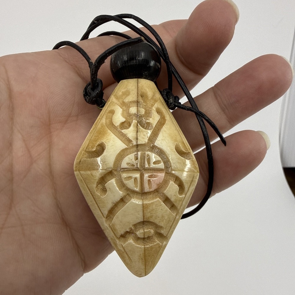 Vtg Scarab Necklace Snuff Bottle Perfume Pendant 30" Tribal Carved Leather Strap